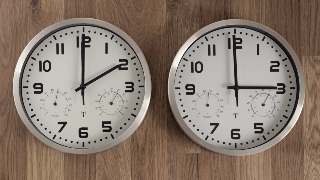 Two analog clocks show times an hour apart from each other