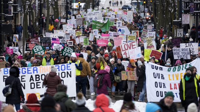 Protesters make their way to the Wisconsin Capitol Rotunda during a march supporting overturning Wisconsin's near total ban