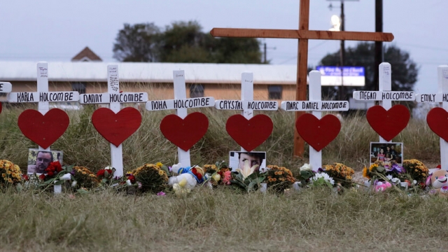 A makeshift memorial for those who were killed in the Sutherland Springs Baptist Church shooting, Nov. 10, 2017.
