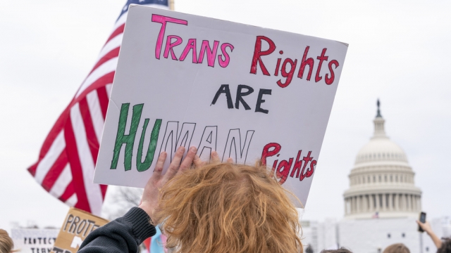 People attend a rally as part of a Transgender Day of Visibility.
