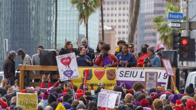 A rally in Los Angeles demanding better pay and circumstances for school service employees.