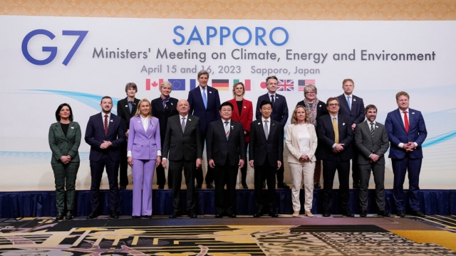 G-7 ministers on climate, energy and environment pose for a photo during its photo session in Sapporo, northern Japan.