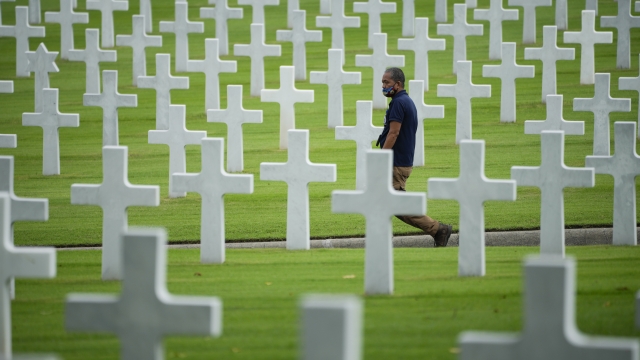 A man walks past rows of crosses after a ceremony to mark U.S. Veterans Day
