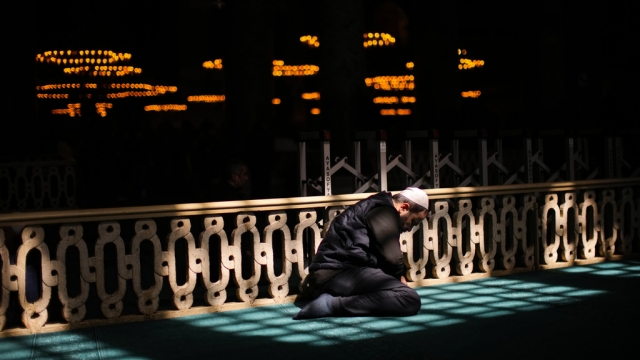 A Muslim worshipper prays during the Muslim holy fasting month of Ramadan.