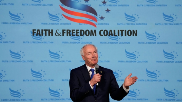 Republican presidential candidate former Arkansas Gov. Asa Hutchinson speaks during the Iowa Faith and Freedom Coalition.