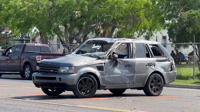 The damaged vehicle sits at the site of a deadly collision near a bus stop in Brownsville, Texas.