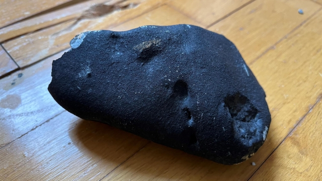 Black object likely a meteorite sits on a wood floor.