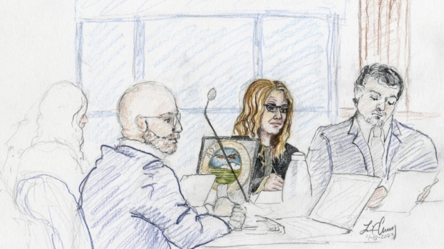 Courtroom sketch of Madison County prosecutor Rob Wood, Lori Vallow Daybell and defense attorney Jim Archibald during trial