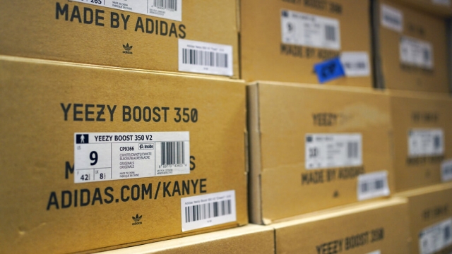 Boxes containing Yeezy shoes made by Adidas.