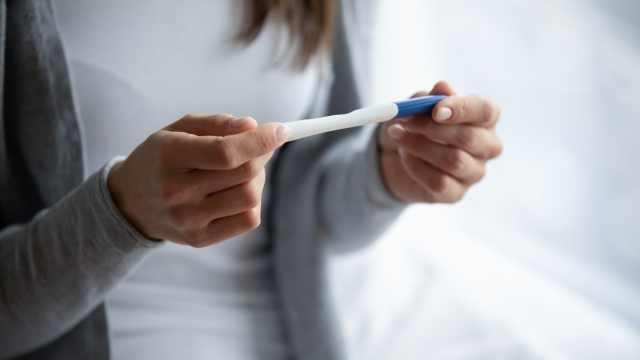 A woman holds a pregnancy test.