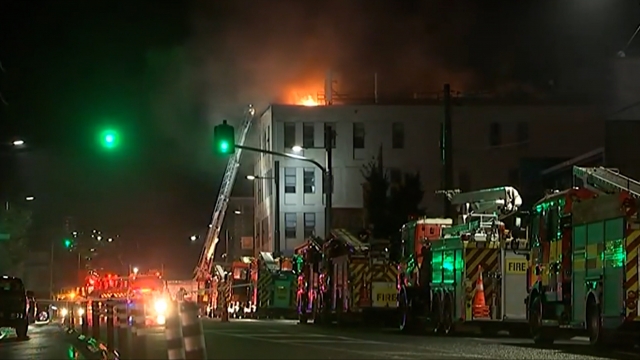 A view of the Loafers Lodge hostel in Wellington, New Zealand on fire.