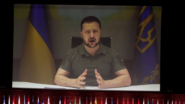 Ukraine's President Volodymyr Zelenskyy addresses, via videolink, the opening ceremony of the Council of Europe.