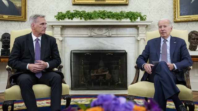 President Joe Biden meets with House Speaker Kevin McCarthy .