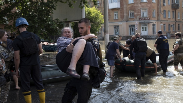 Residents evacuated from flooded region in Kherson, Ukraine.