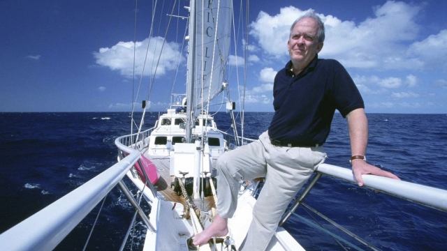 Roger Payne is seen on board Ocean Alliance’s research vessel.