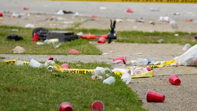 Debris litters the ground after a mass shooting in Baltimore.