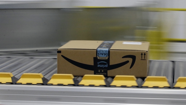 An Amazon Prime box moves through the new Amazon Fulfillment Center in Sacramento.