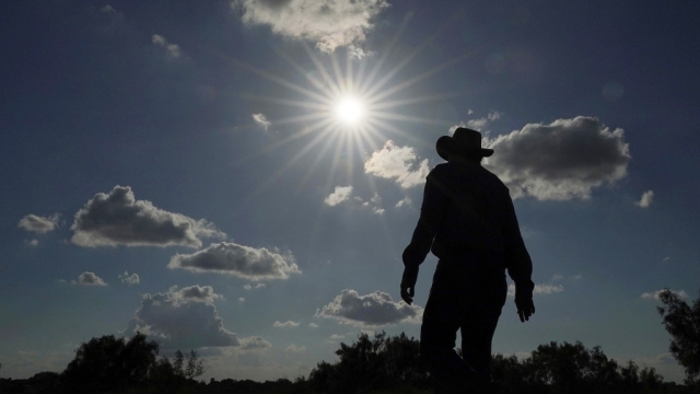 Silhouette of person in cowboy hat walking under the hot sun.