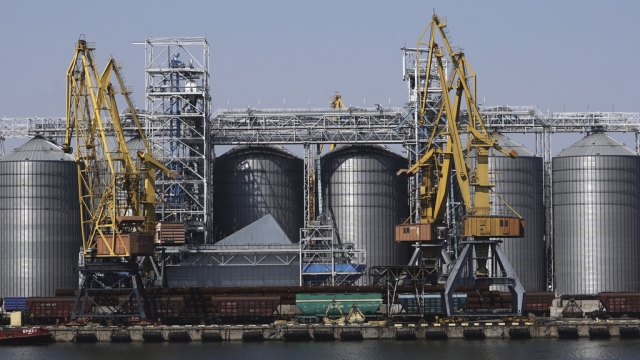 Exterior view of the grain storage terminal at the Odes Sea Port in Ukraine.