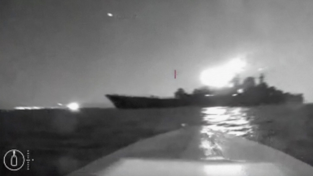 Screenshot of footage that appears to show a Ukrainian drone striking a large Russian ship.
