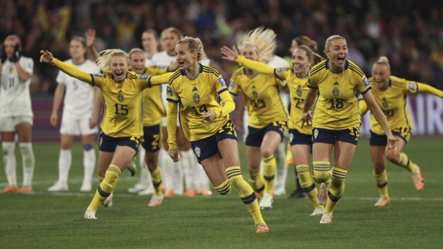 Sweden's team celebrate after defeating the United States