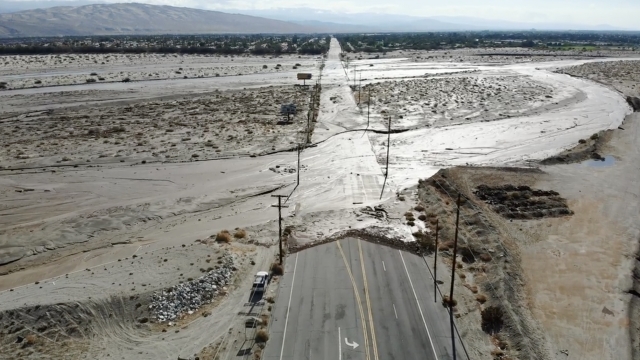 Drone footage shows aftermath of flooding in Palm Springs.