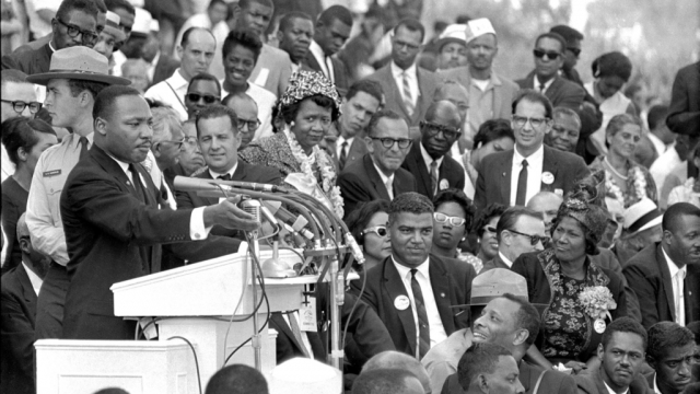The Rev. Dr. Martin Luther King Jr. speaks to thousands during his "I Have a Dream" speech in 1963.