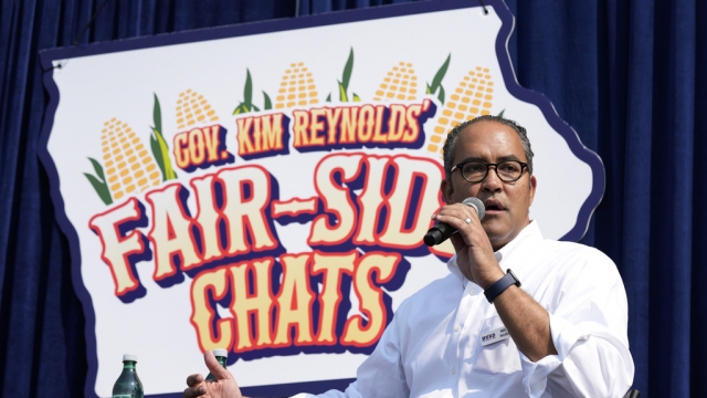 Republican presidential candidate former Texas Rep. Will Hurd speaks during a Fair-Side Chat in Iowa.