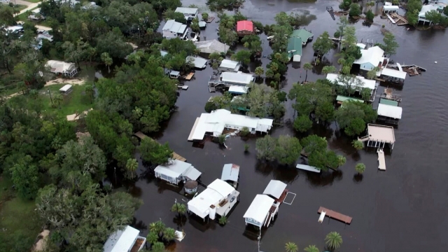 Aerial photo shows homes surrounded by floodwaters in Steinhatchee, Florida.