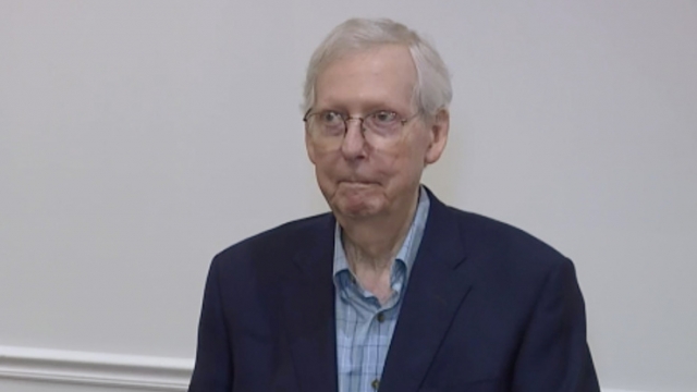 U.S. Senate Minority Leader Mitch McConnell freezes when taking questions from reporters.