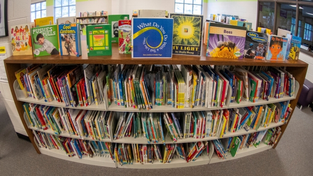 Books sit on shelves in an elementary school library in suburban Atlanta.