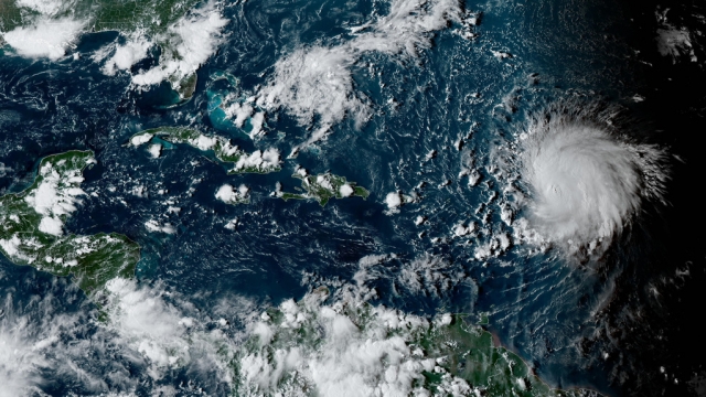 Satellite image shows Hurricane Lee in the Atlantic Ocean.