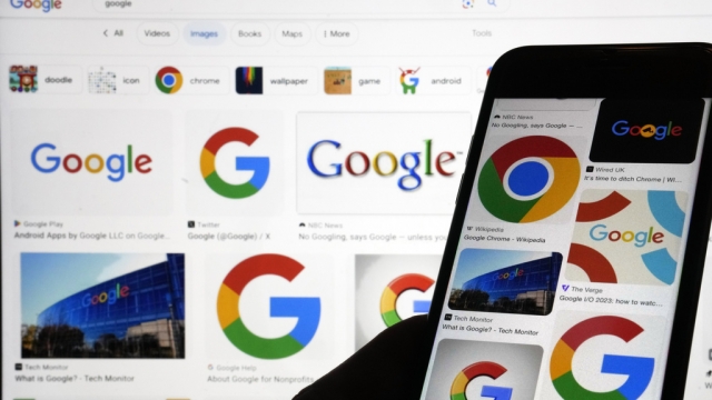 Various Google logos on device screens.