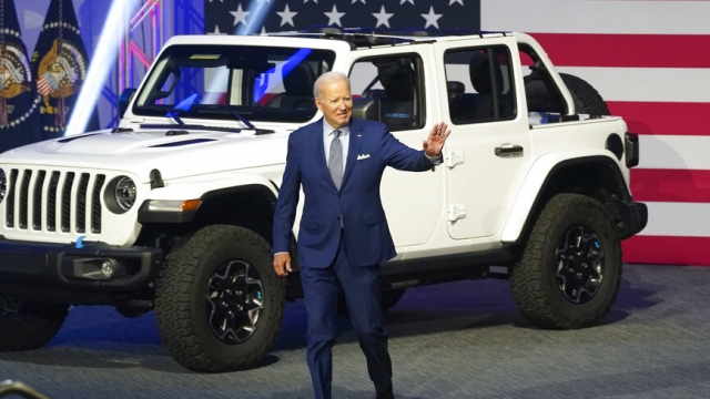 President Joe Biden arrives to speak at the North American International Auto Show in Detroit