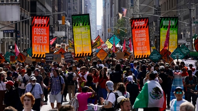 Climate activist march on Madison Ave protesting energy policy and the use of fossil fuels.
