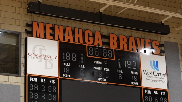 Scoreboard inside the Menahga High School gymnasium