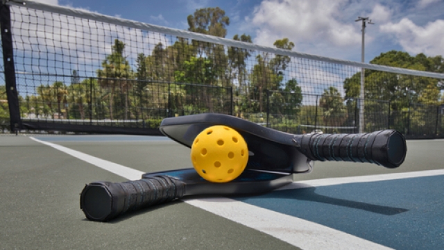 Pickleball and paddles on an empty court.