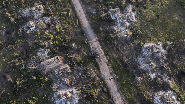 Houses and armoured vehicle destroyed during the fighting between Russian and Ukrainian armed forces