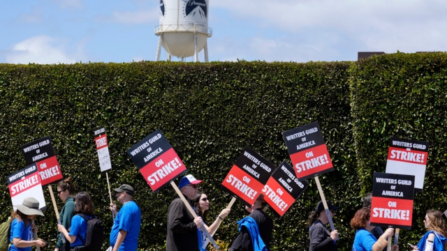 Writers guild members hold picket signs