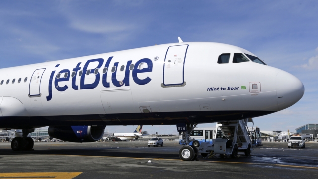 A JetBlue airplane is shown at John F. Kennedy International Airport in New York
