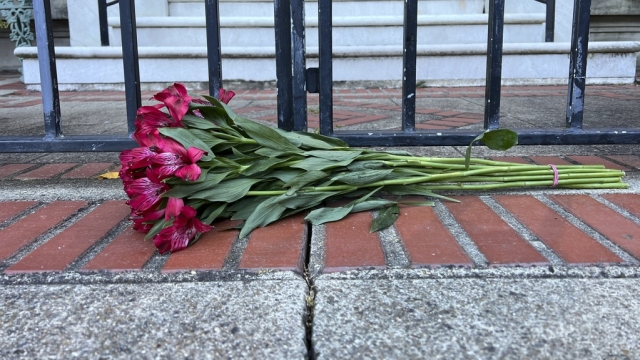 A bouquet of flowers is placed outside the home of U.S. Sen. Dianne Feinstein.