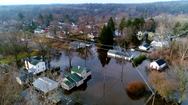 Aerial view of a flooded neighborhood.