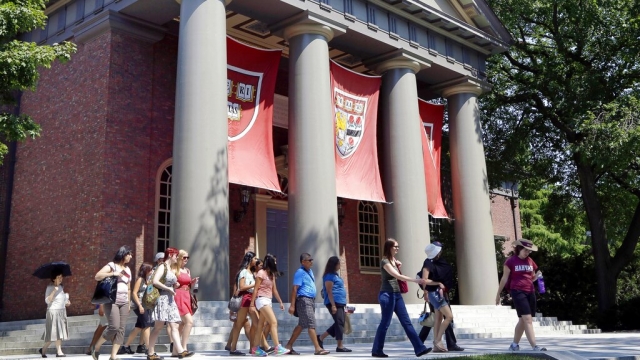 Group walks through the Harvard University campus.