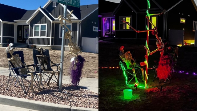 A skeleton pole dance Halloween display.