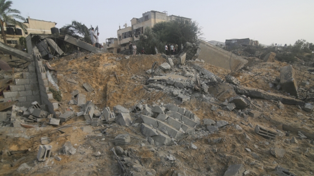 A building destroyed in the Israeli bombing of the Gaza Strip is seen in Rafah.