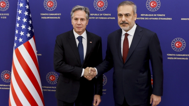 U.S. Secretary of State Antony Blinken, left, meets with Turkish Foreign Minister Hakan Fidan
