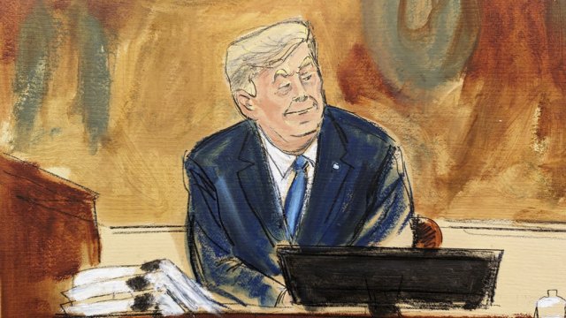 In this courtroom sketch, former President Donald Trump testifies on the witness stand.