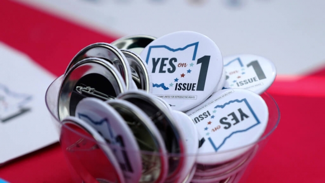 Buttons in support of Ohio's Issue 1, the Right to Reproductive Freedom amendment
