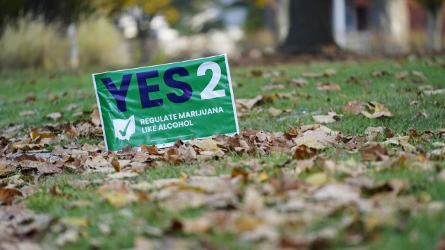 A sign supporting Issue 2 sits in a residential yard on Election Day.