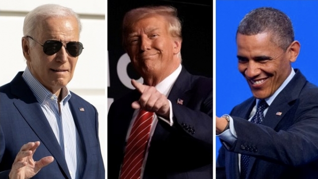 Combination photo of President Joe Biden and former Presidents Donald Trump and Barack Obama.